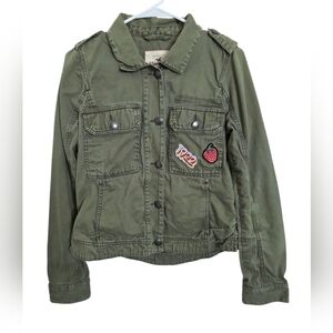 Hollister Army Utility Green Jacket‎ Women’s S Patches Cargo Pockets Military
